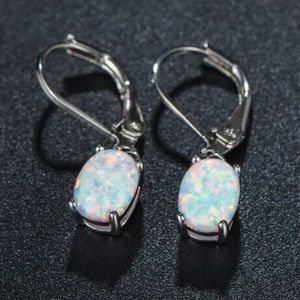 Handmade Women’s 925 Silver Oval White Fire Opal Drop Earrings